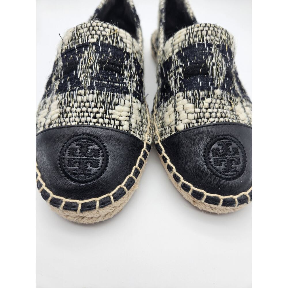 Tory Burch Logo Espadrille Flats Black Ivory Tweed Round Toe Slip-On sz 6.5 - Picture 7 of 8